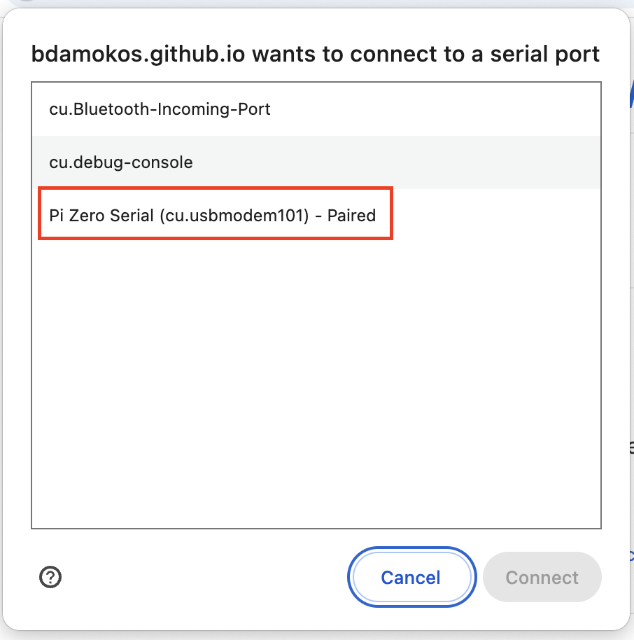 WebSerial device selection dialog showing Pi Zero Serial option